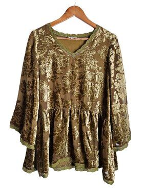 POL Floral Burnout Boho Whymsical Velvet Tunic Top Lace Trim Womens Small